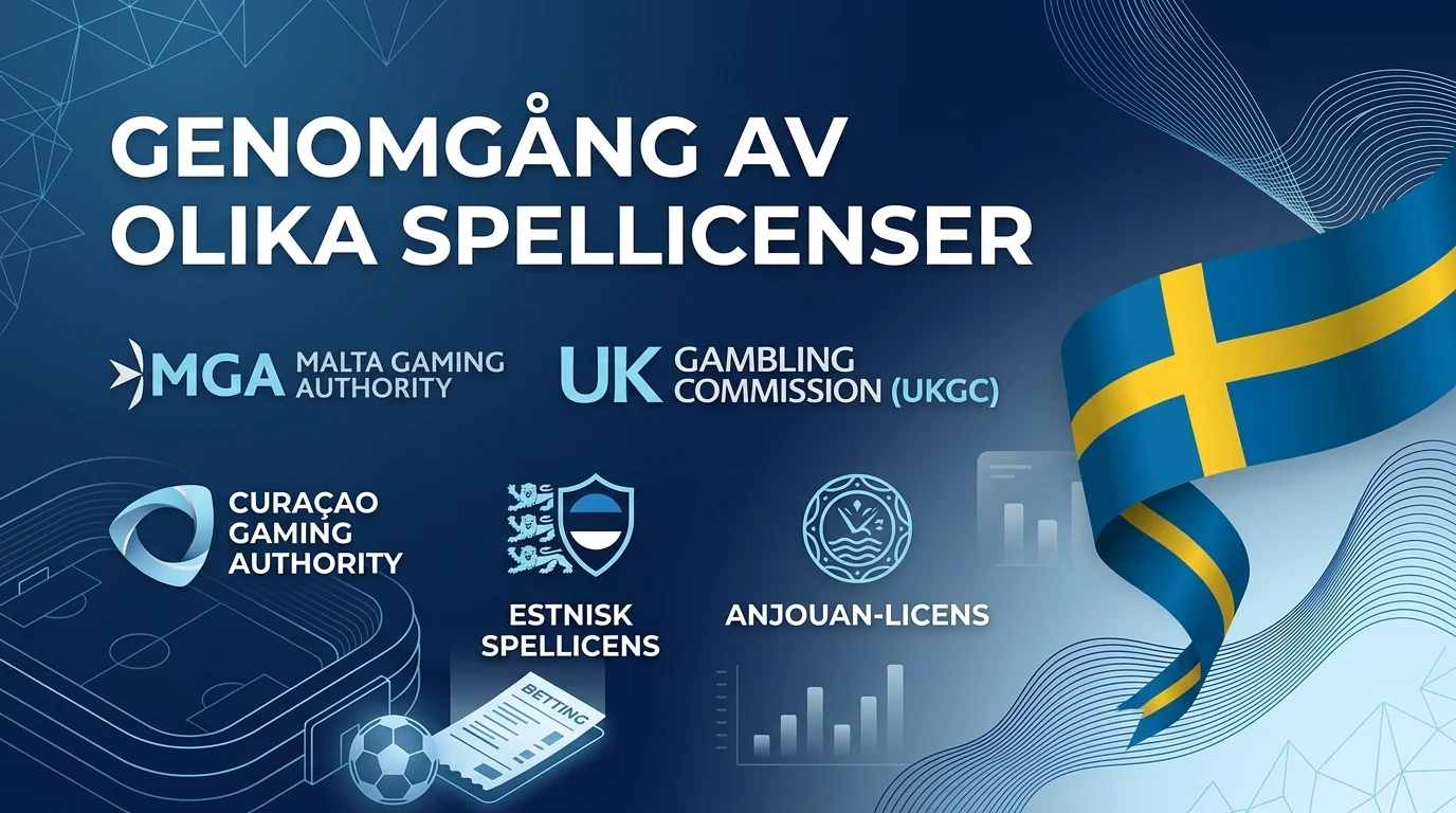 Olika spellicenser förklarade med information om regler, säkerhet och skillnader mellan svenska och utländska speloperatörer